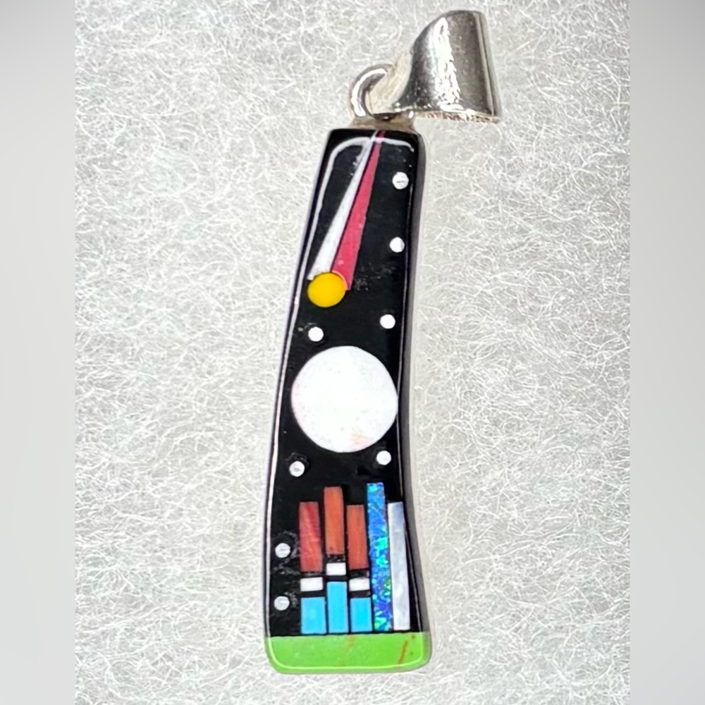 Southwestern Sterling Silver Inlay Pendant | KN Signed | Opal Turquoise Moon Des